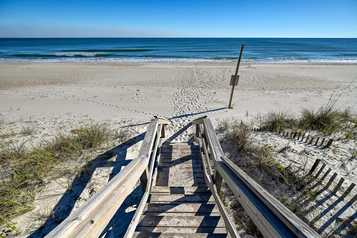 A serene pathway of wooden stairs leads directly to the sandy beach, with gentle ocean waves visible in the background and footprints in the soft sand below. The wide sky and open shoreline evoke a sense of freedom and possibility for both guests and their pets.
